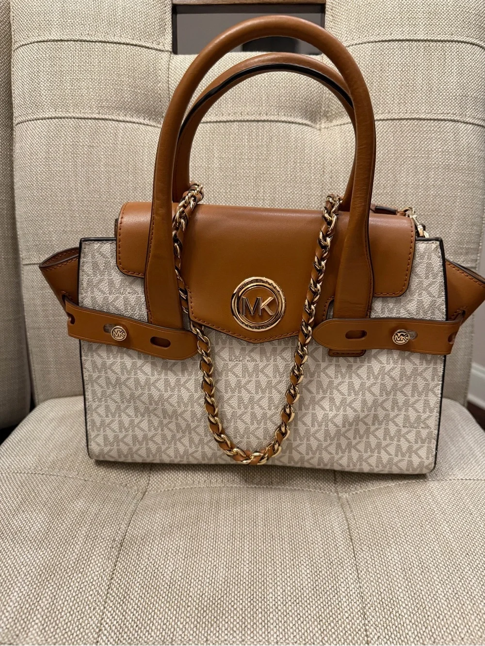 Michael Kors Brown and Cream Signature Satchel with Chain Accent